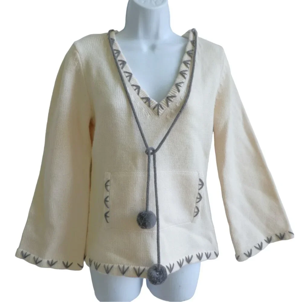Alice + Olivia Boho Cream WooL Knit Sweater Gray Embroidery Hood Pocket Bell XS
